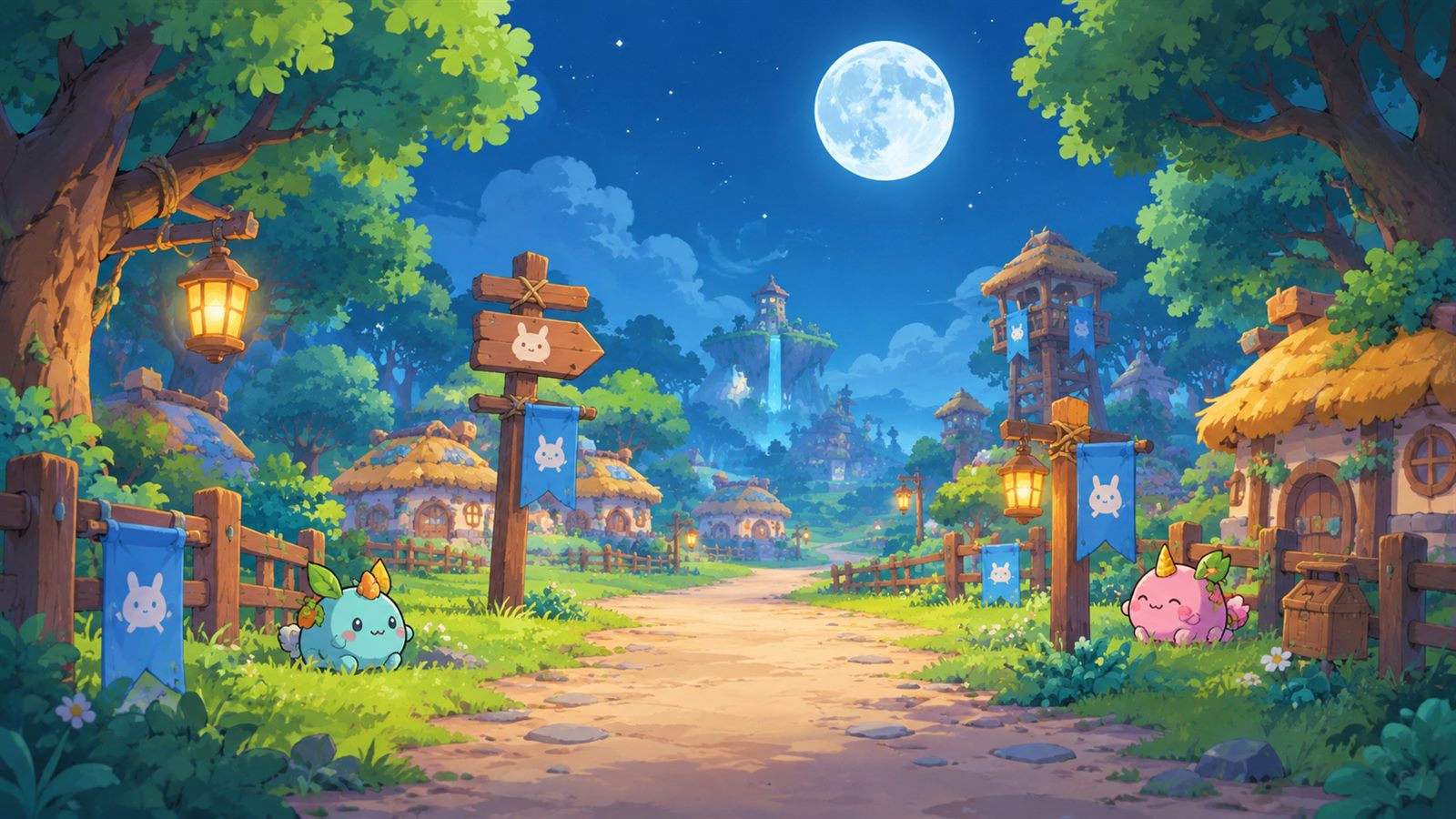 The village at night, the road in, the watchtower standing over it