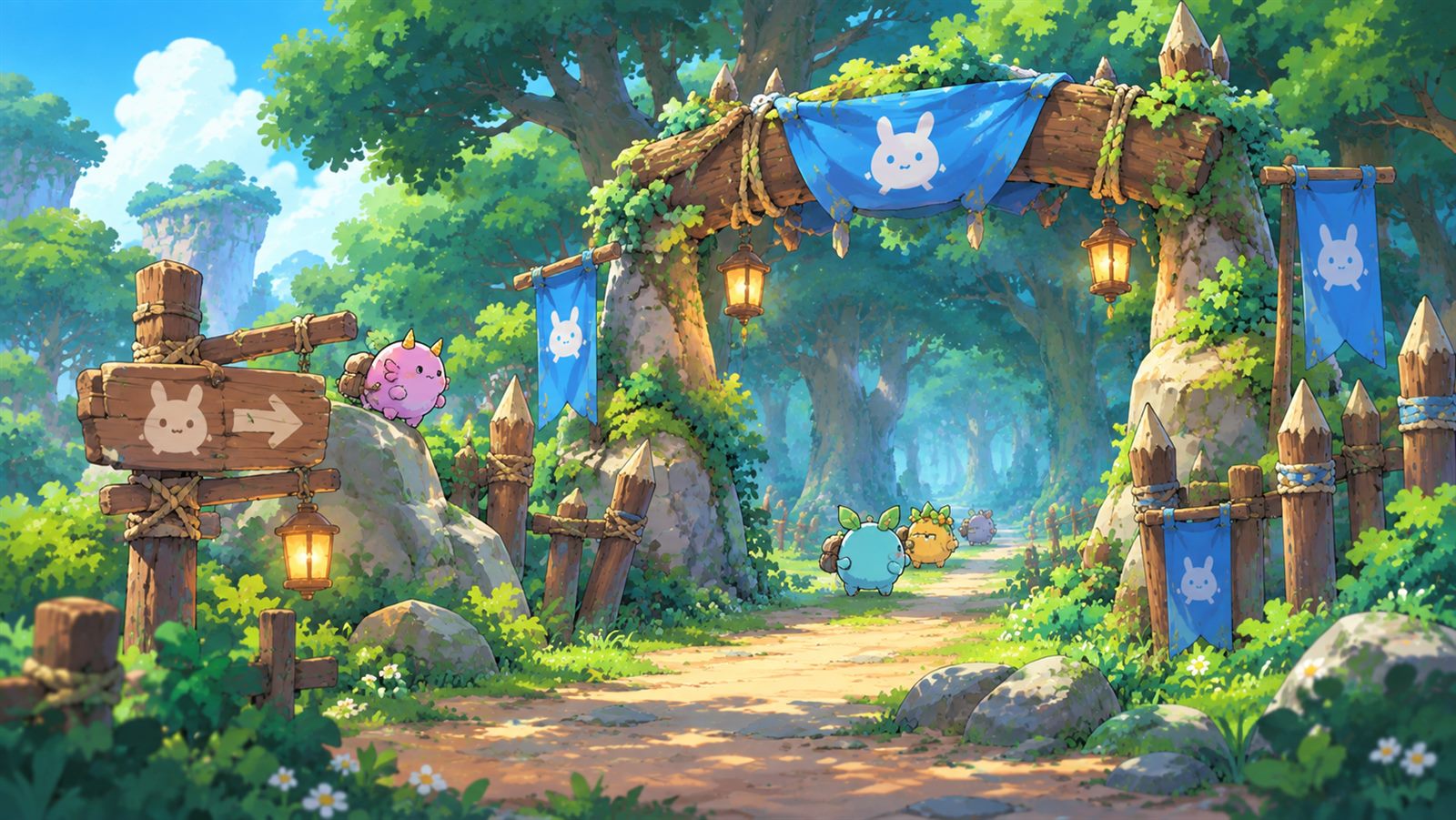 The village gate: a palisade of sharpened stakes, banners over the road, Axies walking out
